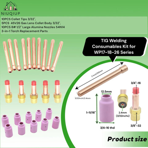 All in One TIG Welding Consumables Kit for WP17 WP18 WP26 Series with 10 Collet Tips 3/32, 5 Gas Lens Collet Bodies 3/32