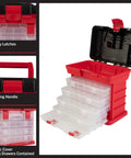 Grab And Go Portable Tool Box With Four Removable Drawers And Customizable Compartments, red plastic organizer shown open