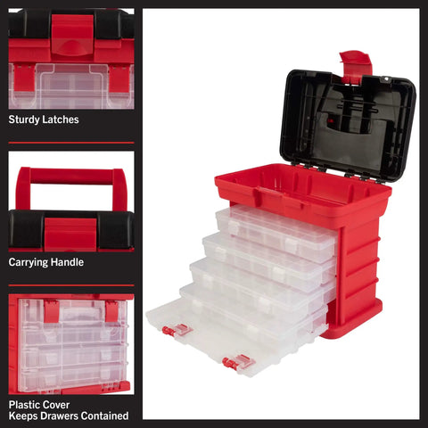 Grab And Go Portable Tool Box With Four Removable Drawers And Customizable Compartments, red plastic organizer shown open
