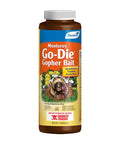 Go Die Gopher Bait bottle with label showing strychnine-treated grain for non-crop areas, 1 lb, for burrow application.