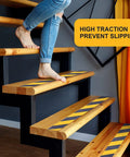 Person walking on wooden stairs with Non Slip Tape Heavy Duty Outdoor Waterproof Safety Tape For Stairs Treads Ramps.