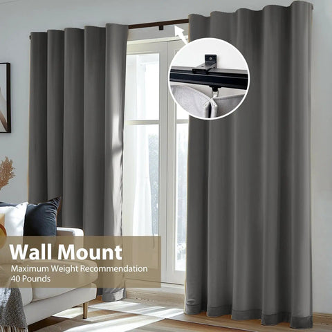 Heavy Duty Ceiling Curtain Track System With Clips, Silent Smooth Aluminum Rail, Wall Or Ceiling Mounted Room Divider For Living Room, Bedroom, Patio And Sliding Doors, Extra Long 9ft Black wall mount with gray curtains