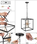 Assembly steps for Black And Gold Four Light Sputnik Chandelier, Mid Century Modern Square Pendant Lighting For Kitchen Island.