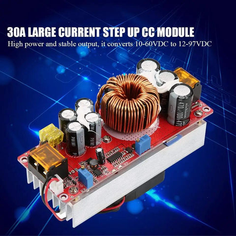 Beefy 1500W Boost Converter DC To DC Step Up Module with CC CV Regulation, showing circuit components and design.