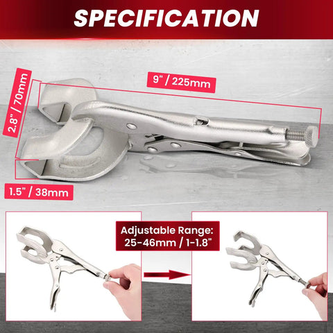 No Sweat 9 Inch Locking Pliers Set With U Shaped Welding Clamps And Heavy Duty Sheet Metal Holders Perfect For Metalworking Shops Garage Projects And Custom Auto Frame Fabrication 4 Pack showing specifications and adjustable range.