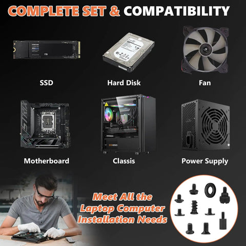 Rock Solid 522 Piece Computer Screws Kit Featuring M3 Hex Fasteners And Standard Six Thirty Two Bolts For Motherboard Standoffs M2 SSD Mounting Hardware Sweet PC Builds, showcasing SSD, hard disk, fan, motherboard, and power supply.