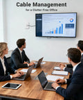 Conference room with TV displaying charts, professionals using laptops, brush wall plate cable pass through in wall cable management