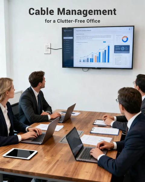 Conference room with TV displaying charts, professionals using laptops, brush wall plate cable pass through in wall cable management