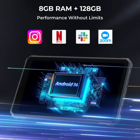 Built Solid Android 14 Rugged Tablet With 8.68 Inch Display Featuring GPS For UTV Off Road Adventures, showing 8GB RAM and 128GB storage.
