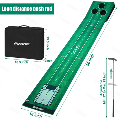 Portable Indoor And Outdoor Golf Putting Mat With 3 Balls, Retractable Push Rod, Carry Bag And Real Golf Balls on white background