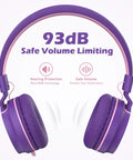 On Ear Kids Headphones With Microphone, Wired, 93dB Volume Limited, Foldable Lightweight Headphones For School Learning And Entertainment, Pink Purple displayed with safe volume limiting text.