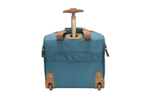 Back view of teal 15 inch carry on luggage for women lightweight rolling spinner wheels underseat bag for weekend trips and business travel