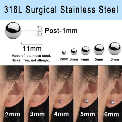 Silver 316L Stainless Steel Ball Stud Earrings Set 2mm To 6mm Range With 15 To 30 Pairs Dope Everyday Jewelry Hypoallergenic For Sensitive Skin Great Gift For Any Style, 2mm-6mm ball studs