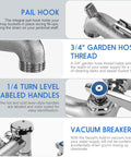 Commercial Mop Sink Faucet With Vacuum Breaker, Wall Mount 8 Inch Center, showing pail hook, 3/4 inch hose thread, vacuum breaker.