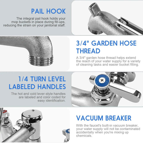 Commercial Mop Sink Faucet With Vacuum Breaker, Wall Mount 8 Inch Center, showing pail hook, 3/4 inch hose thread, vacuum breaker.