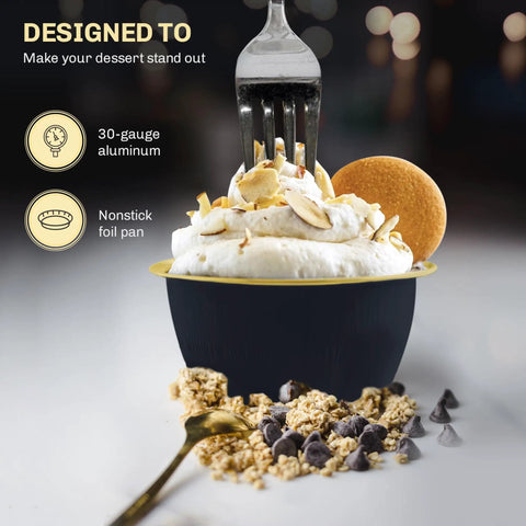 Disposable Colored Aluminum Baking Cups With Lids, 4 Ounce Capacity, Black Exterior With Gold Interior, dessert cup shown