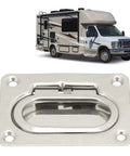 Flush Mount Boat Pull Lift Handle 304 Stainless Steel Spring Loaded Hatch Pull For Cabin Hatches Ice Box Lids And RV Yacht Doors Quiet Operation Marine Hardware shown in front of RV.