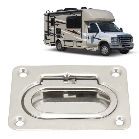 Flush Mount Boat Pull Lift Handle 304 Stainless Steel Spring Loaded Hatch Pull For Cabin Hatches Ice Box Lids And RV Yacht Doors Quiet Operation Marine Hardware shown in front of RV.