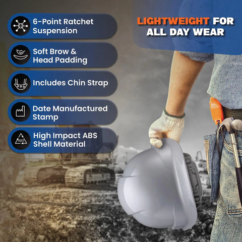 Worker holding Cap Style Vented White OSHA Hard Hat With 6 Point Suspension, Lightweight ABS Construction Helmet next to equipment.
