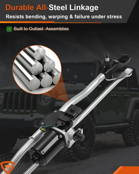 Premium Front Windshield Wiper Motor And Linkage Assembly Compatible With Jeep Wrangler Jk 2007 To 2018, showing durable all-steel linkage.