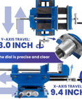 Top Shelf Heavy Duty Cast Iron Cross Slide Drill Press Vise featuring 8.0 inch Y-axis and 9.4 inch X-axis precision travel details.