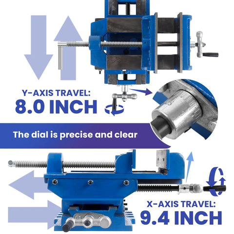 Top Shelf Heavy Duty Cast Iron Cross Slide Drill Press Vise featuring 8.0 inch Y-axis and 9.4 inch X-axis precision travel details.