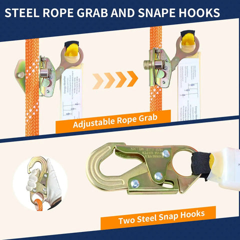 Image showing Heavy Duty Fall Protection Rope 50Ft Vertical Lifeline System With Rope Grab Snap Hooks And Shock Absorber details.