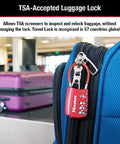 Set Your Own Combo TSA Travel Lock For Luggage And Zippers, Rugged Padlock With Cable Shackle on a blue suitcase zipper