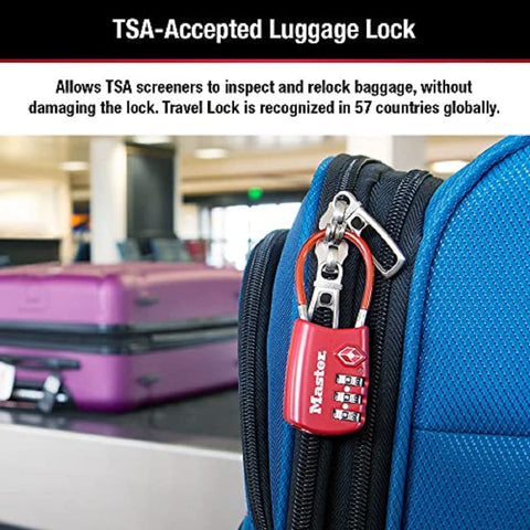 Set Your Own Combo TSA Travel Lock For Luggage And Zippers, Rugged Padlock With Cable Shackle on a blue suitcase zipper