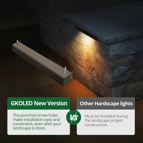 Close-up of Eight Pack 6.8 Inch LED Hardscape Light with easy-install screws and warm light on stone wall