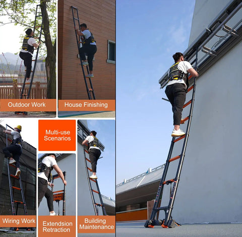 Built Tough Aluminum Telescoping Extension Ladder With Quick Glide Wheels And Wide Anti Slip Pedals crafted for outdoor work and building maintenance.