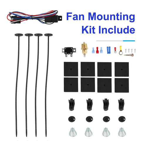 Universal 14 Inch Slim Electric Radiator Cooling Fan Kit 12V 90W Push Pull With Thermostat Relay Wiring Harness And Mounting Brackets components and mounts.