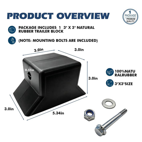Natural Rubber Boat Trailer Block 3x3 Inch Flat Bow Stop Fits Winch Stands And Bunk Ends With Mounting Bolts Half Inch Shaft Compatible, black