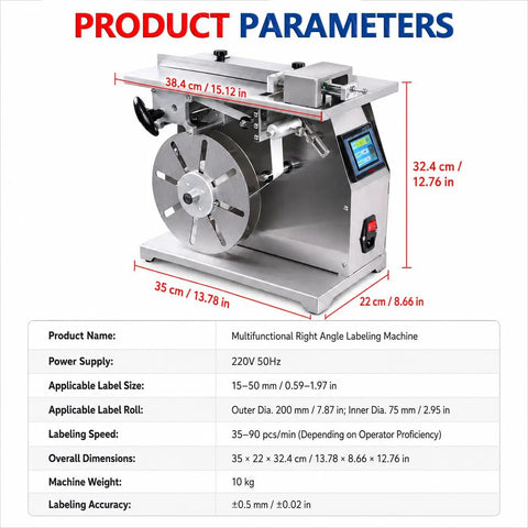 Gshshou Semi Automatic Right Angle Labeling Machine With Optical Sensor For Fast 90 Degree Corner Sealant Application High Speed 35 To 90 Pieces Per Minute with touch screen, precise labeling dimensions, and stainless steel build.