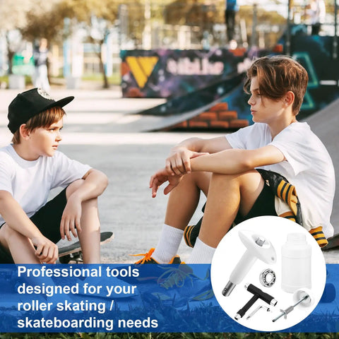 All In One Skate Bearing Cleaning Kit With Press And Puller Cleaning Bottle And Wrench for Skateboards Roller Skates and Scooters Maintenance Pro Grade Setup displayed beside two skateboarders at a park.