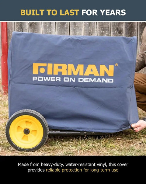 Heavy Duty Large Portable Generator Cover Premium Waterproof Vinyl With Double Insulation Drawstring Lock Secures Five Thousand Watt Camp Rig snugly fitted on generator.