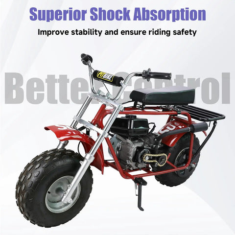 Beefed Up Mini Bike Front Suspension Forks Kit Replacement For Coleman CT200U And CT200U EX BT200X Axis M200 196cc 200cc Powersports Minibike Shock Absorber Forks Frame Assembly attached to a red minibike.