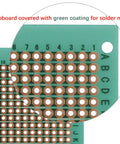 Close-up of Copper Stripboard Prototyping Board 50mm By 70mm Single Sided 368 Holes with green solder mask coating.