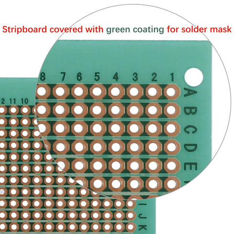 Close-up of Copper Stripboard Prototyping Board 50mm By 70mm Single Sided 368 Holes with green solder mask coating.