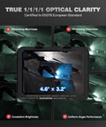 Pro Grade Auto Darkening Welding Helmet with 4.6 by 3.2 inch viewing screen displaying welding clarity features.