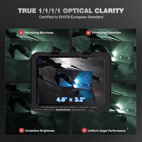 Pro Grade Auto Darkening Welding Helmet with 4.6 by 3.2 inch viewing screen displaying welding clarity features.