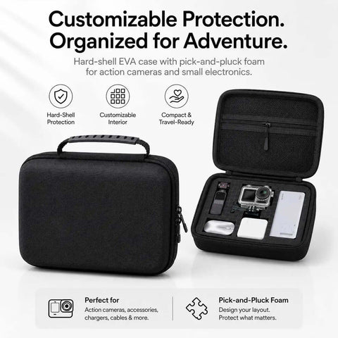 Big Time Electronics Organizer Case Featuring Hella Secure Pick And Pluck Foam Inside Plus A Beefy Semi Hard Eva Shell For Cables Adapters And Action Camera Gear Storage, black EVA case with accessories inside.