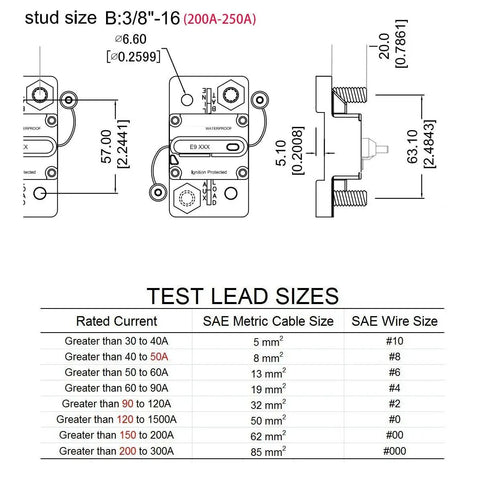 Technical diagram for Rugged Heavy Duty 200 Amp Circuit Breaker With Manual Reset For RV Boat Marine ATV Systems 12V 48V DC IP67