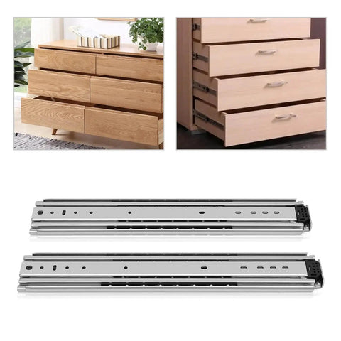 Heavy Duty Full Extension Side Mount Drawer Slides Solid Cold Rolled Steel shown with kitchen drawers for easy installation.