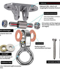 Heavy Duty Stainless Steel Ceiling Swing Hanger Wicked Smooth 360 Rotation Silent Bearing Mount with detailed parts and installation screws.