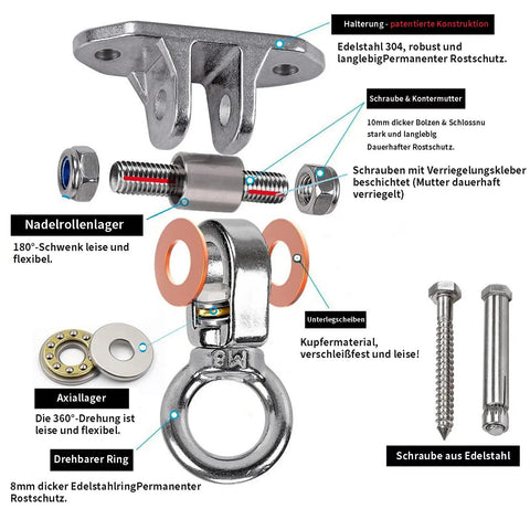 Heavy Duty Stainless Steel Ceiling Swing Hanger Wicked Smooth 360 Rotation Silent Bearing Mount with detailed parts and installation screws.