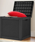 32 Gallon Outdoor Storage Box With Lockable Lid And Side Handles, Waterproof Resin Rattan Deck Box open with cushions inside