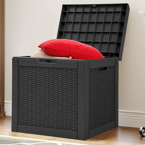 32 Gallon Outdoor Storage Box With Lockable Lid And Side Handles, Waterproof Resin Rattan Deck Box open with cushions inside