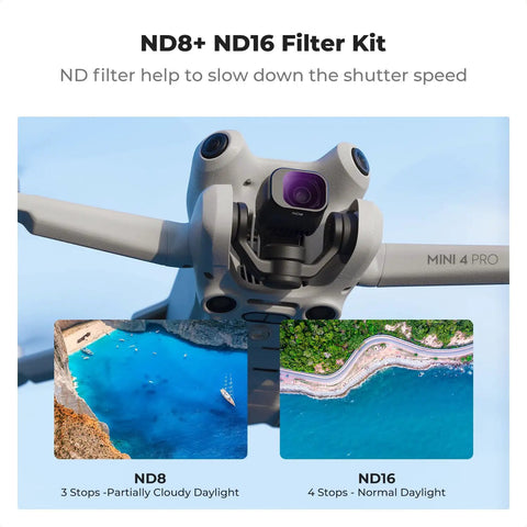 DJI Mini 4 Pro Filter Kit 4 Pack CPL UV ND8 ND16 Multi Coated Optical Glass on drone with aerial footage examples