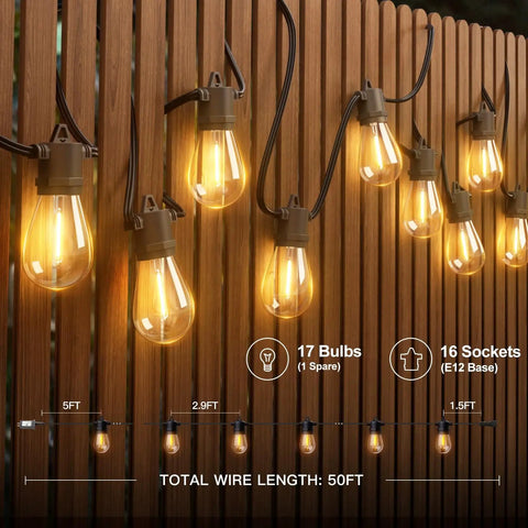 Energy Saving Led Outdoor String Lights With Edison Shatterproof Bulbs, Weatherproof Strand displayed on a wooden fence.